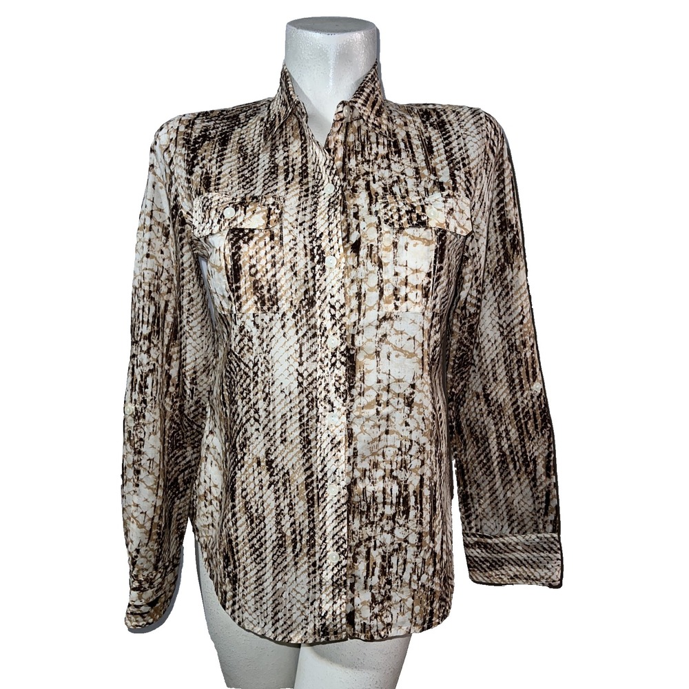 Lucky Brand Womens Snakeskin Print Cotton Roll Tab Button Down Shirt Brown Small